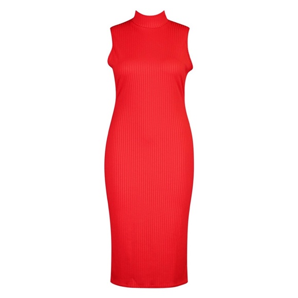 🆕 PLUS SIZE RED RIBBED HIGH NECK MIDI DRESS! - Picture 2 of 8